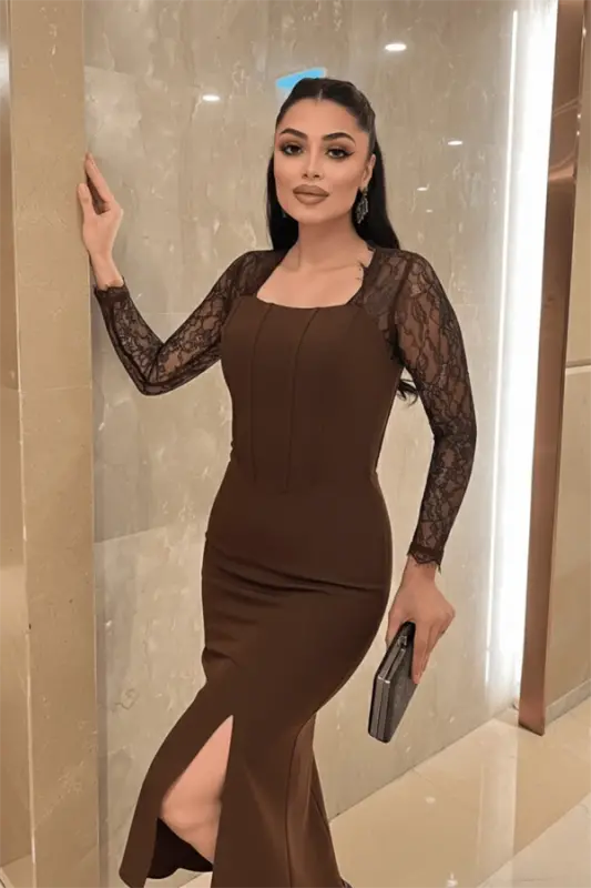 Atlas Kumaş Dantel Detaylı Korseli Abiye Elbise - KAHVERENGİ - 2