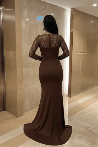 Atlas Kumaş Dantel Detaylı Korseli Abiye Elbise - KAHVERENGİ - 4