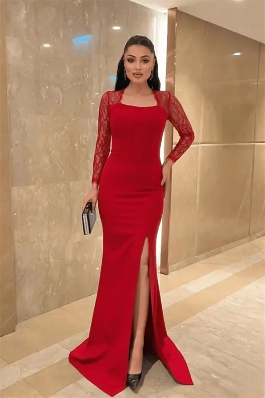 Atlas Kumaş Dantel Detaylı Korseli Abiye Elbise - KIRMIZI - BÜYÜKBEDENIZ