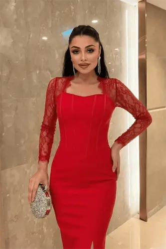 Atlas Kumaş Dantel Detaylı Korseli Abiye Elbise - KIRMIZI - 2