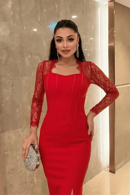 Atlas Kumaş Dantel Detaylı Korseli Abiye Elbise - KIRMIZI - 2