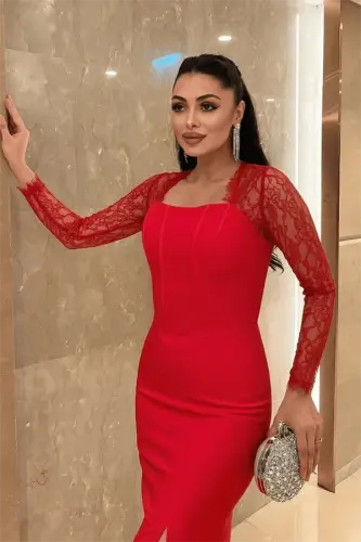 Atlas Kumaş Dantel Detaylı Korseli Abiye Elbise - KIRMIZI - 3