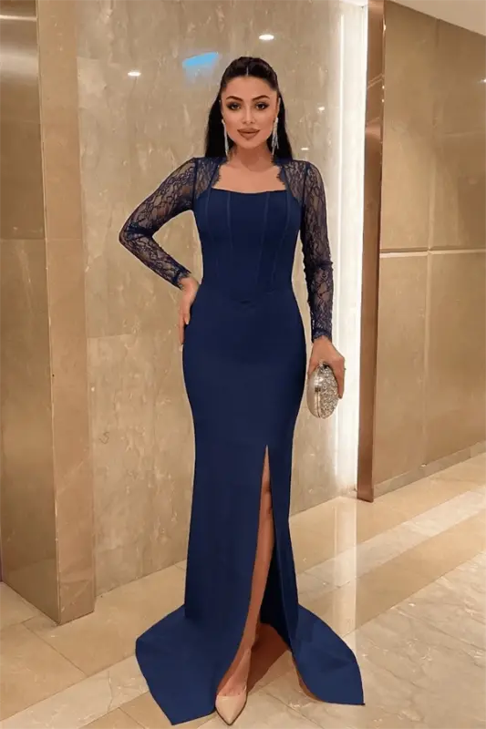 Atlas Kumaş Dantel Detaylı Korseli Abiye Elbise - LACİVERT - 1