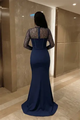 Atlas Kumaş Dantel Detaylı Korseli Abiye Elbise - LACİVERT - 4