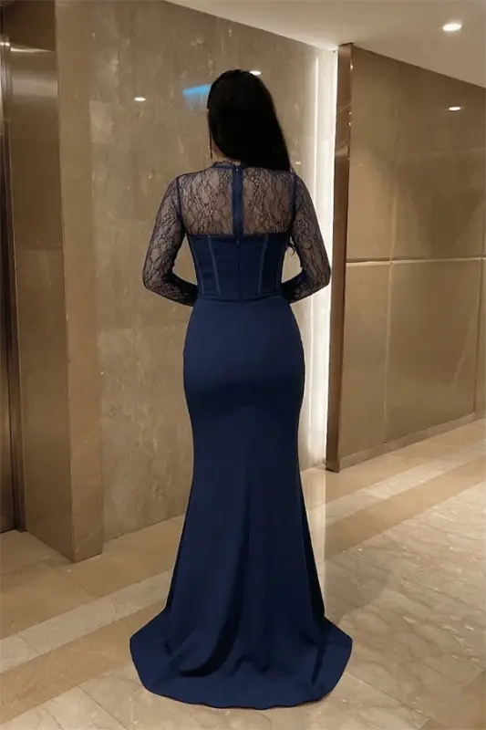 Atlas Kumaş Dantel Detaylı Korseli Abiye Elbise - LACİVERT - 4