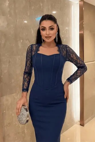 Atlas Kumaş Dantel Detaylı Korseli Abiye Elbise - LACİVERT - BÜYÜKBEDENIZ (1)