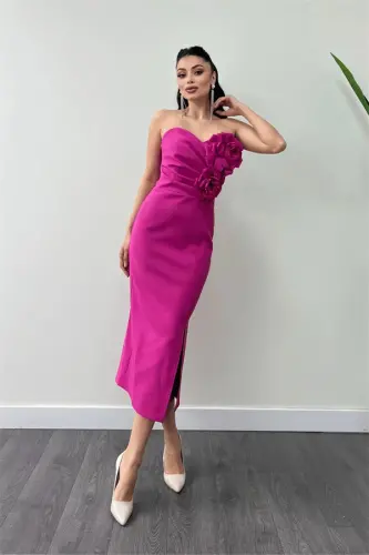 Atlas Kumaş Gul Detalli Straplez Qalam Ko'ylak - FUCHSIA - 7