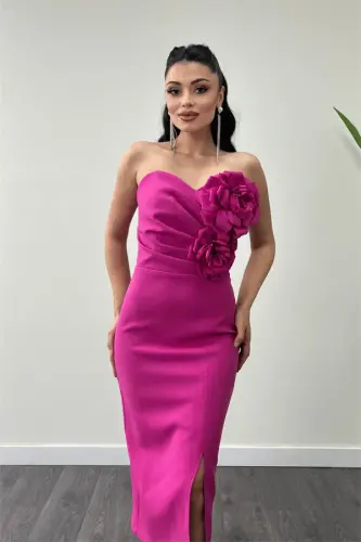 Atlas Kumaş Gul Detalli Straplez Qalam Ko'ylak - FUCHSIA - 8