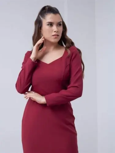 Atlas Kumaş Kalp Yaka Kemerli Elbise - BORDO - 3