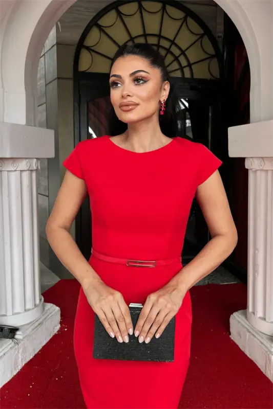 Atlas Kumaş Kemer Detalli Qalam Ko'ylak - QIZIL - 4