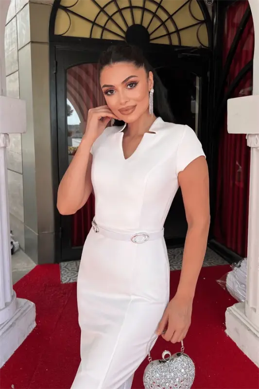 Atlas Kumaş Kemer Detaylı Kalem Elbise - BEYAZ - 3