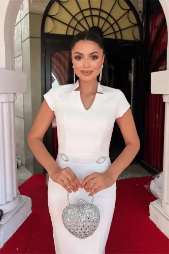 Atlas Kumaş Kemer Detaylı Kalem Elbise - BEYAZ - 4