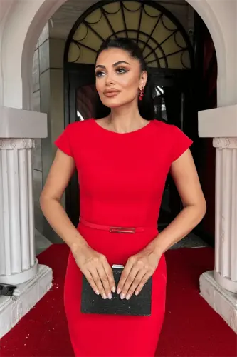 Atlas Kumaş Kemer Detaylı Kalem Elbise - KIRMIZI - 4