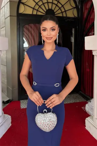 Atlas Kumaş Kemer Detaylı Kalem Ko'ylak - LACVERT - 3