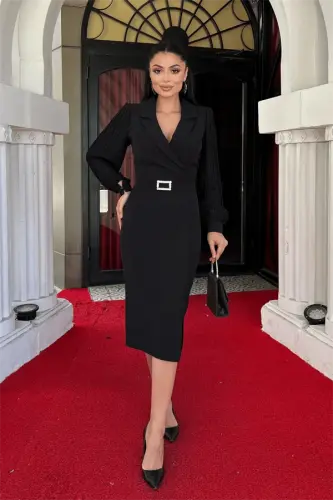 Atlas Kumaş Kolları Pile Detaylı Ceket Elbise - SİYAH - 1