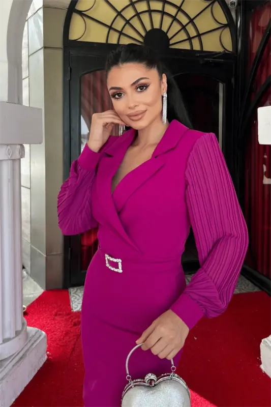 Atlas Kumaş Kollari Pile Detayli Jeket Ko'ylak - FUŞYA - 8