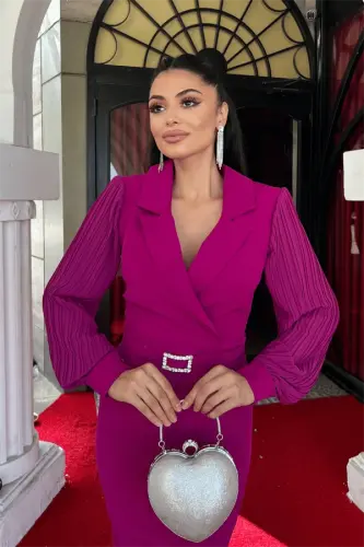 Atlas Kumaş Kollari Pile Detayli Jeket Ko'ylak - FUŞYA - 3