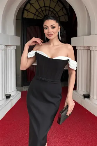 Atlas Kumaş Korse Detaylı Qalam Ko'ylak - QORA - 4