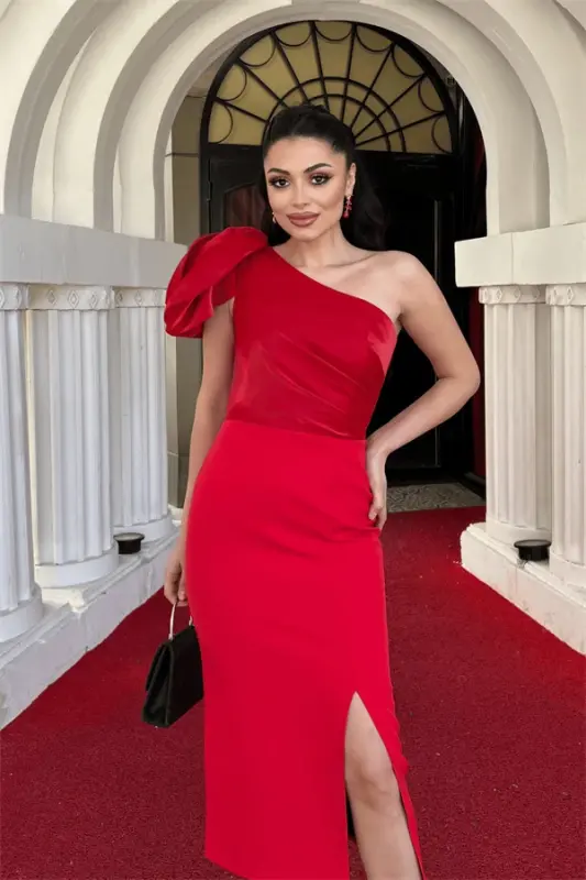 Atlas Kumaş Omuz Organze Detaylı Kalem Elbise - KIRMIZI - 3