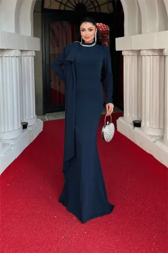 Atlas Kumaş Omuz Şal Detaylı Balık Elbise - LACİVERT - 1