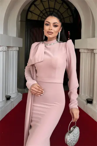 Atlas Kumaş Omuz Şal Detaylı Balık Elbise - PUDRA - 3