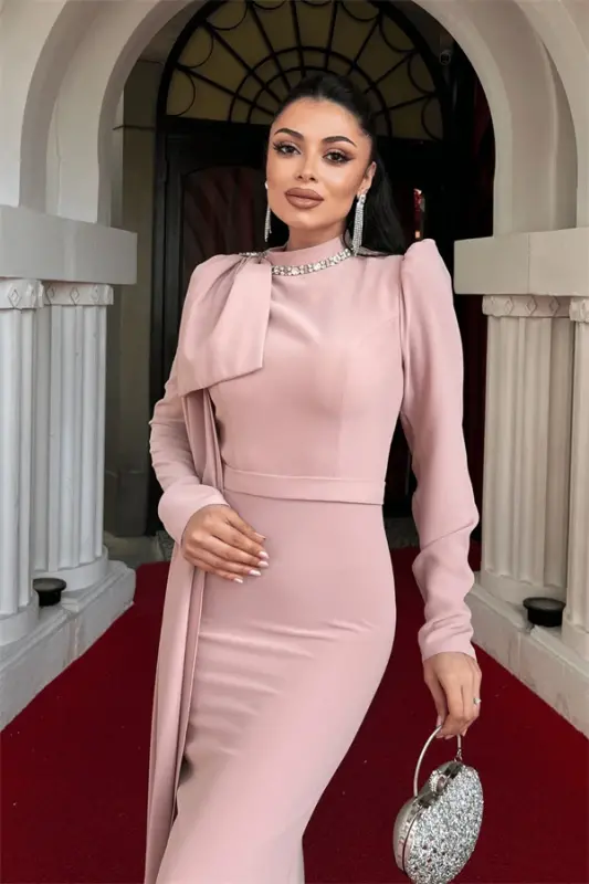 Atlas Kumaş Omuz Şal Detaylı Balık Elbise - PUDRA - 3