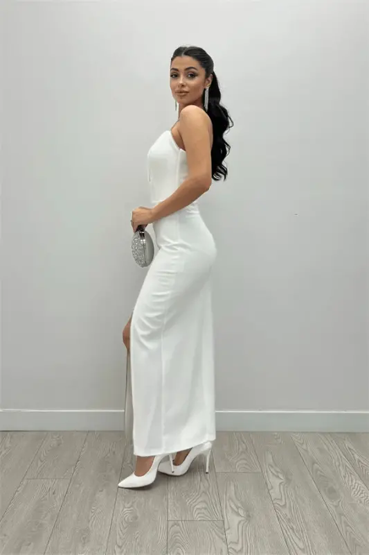 Atlas Kumaş Payet Askı Detaylı Kalem Elbise - BEYAZ - 5