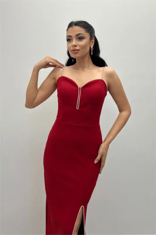 Atlas Kumaş Payet Askı Detaylı Kalem Elbise - BORDO - 4