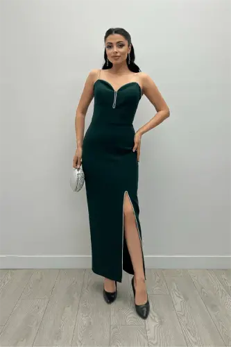 Atlas Kumaş Payet Askı Detaylı Kalem Elbise - ZÜMRÜT YEŞİL - 1