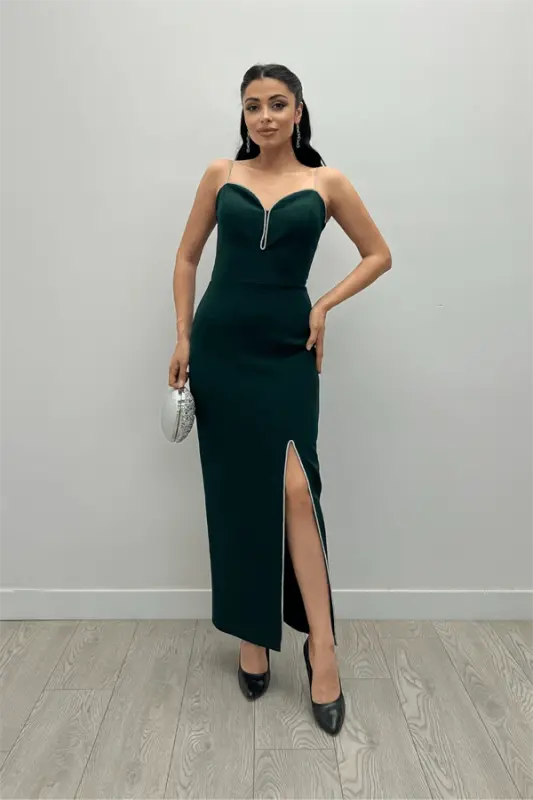 Atlas Kumaş Payet Askı Detaylı Kalem Elbise - ZÜMRÜT YEŞİL - 1