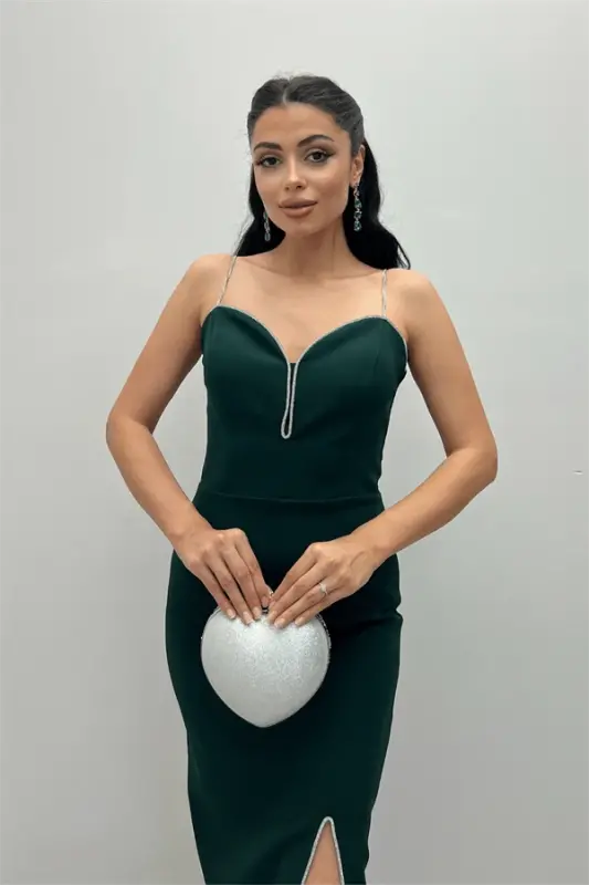 Atlas Kumaş Payet Askı Detaylı Kalem Elbise - ZÜMRÜT YEŞİL - 4