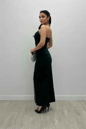 Atlas Kumaş Payet Askı Detaylı Kalem Elbise - ZÜMRÜT YEŞİL - 5