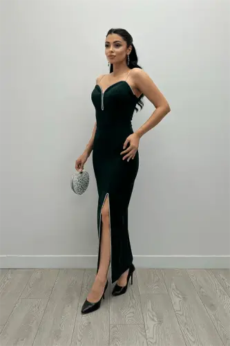 Atlas Kumaş Payet Askı Detaylı Kalem Elbise - ZÜMRÜT YEŞİL - BÜYÜKBEDENIZ (1)