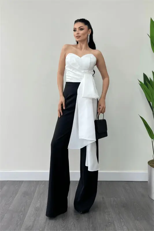 Atlas Kumaş Saten Detaylı Straplez Abiye Tulum - BEYAZ/SİYAH - 1