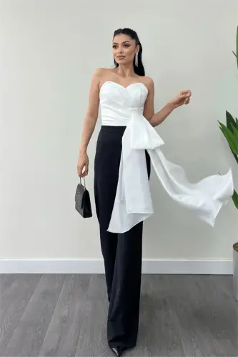 Atlas Kumaş Saten Detaylı Straplez Abiye Tulum - BEYAZ/SİYAH - BÜYÜKBEDENIZ (1)