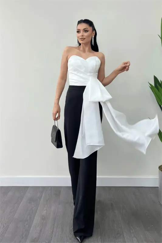 Atlas Kumaş Saten Detaylı Straplez Abiye Tulum - BEYAZ/SİYAH - 2
