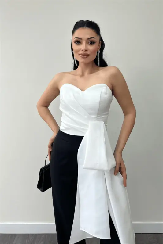 Atlas Kumaş Saten Detaylı Straplez Abiye Tulum - BEYAZ/SİYAH - 3