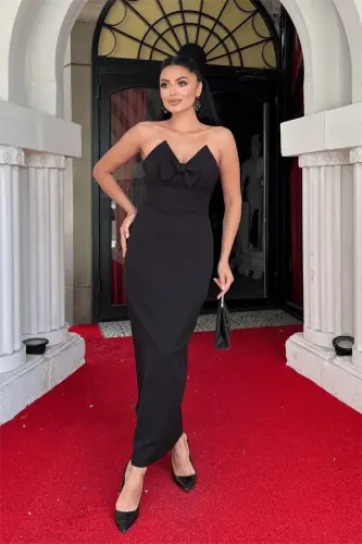 Atlas Kumaş Straplez Fiyonklu Kalem Elbise - SİYAH - 1