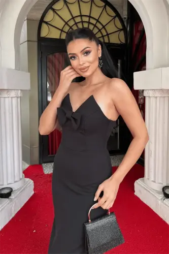 Atlas Kumaş Straplez Fiyonklu Kalem Elbise - SİYAH - 3