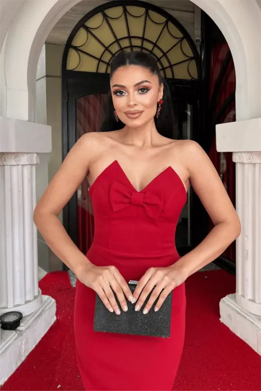 Atlas Kumaş Straplez Fiyonklu Qalam Ko'ylak - BORDO - 3