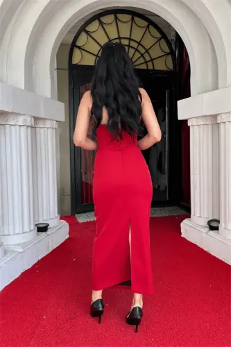 Atlas Kumaş Straplez Fiyonklu Qalam Ko'ylak - BORDO - 5