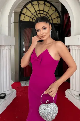 Atlas Kumaş Straplez Fiyonklu Qalam Ko'ylak - FUŞYA - 3