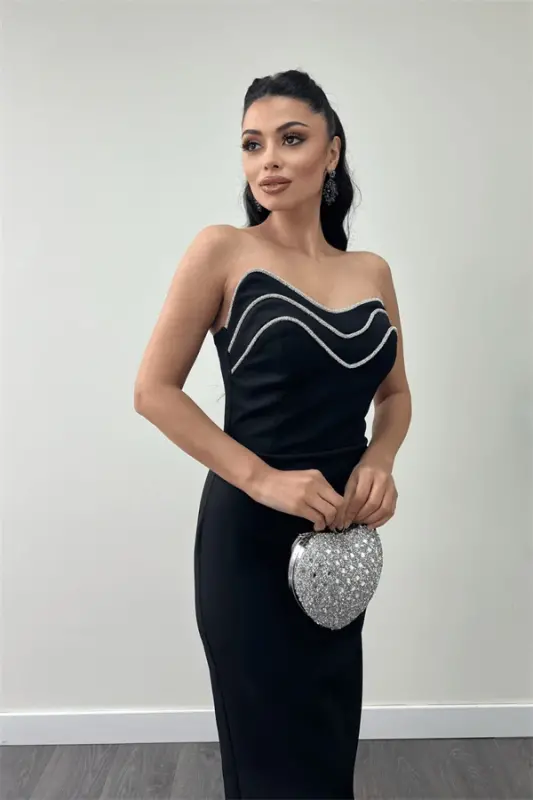 Atlas Kumaş Straplez Qalam Ko'ylak - QORA - 3