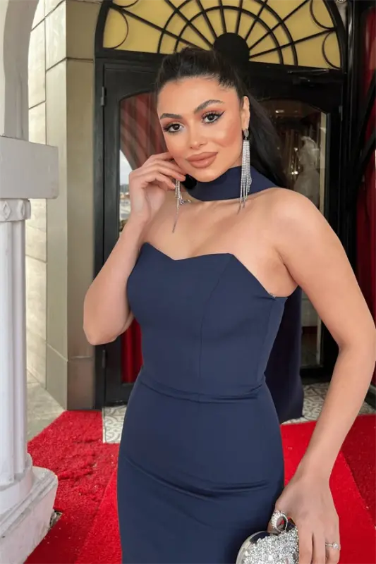 Atlas Kumaş Straplez Şal Detaylı Abiye Elbise - LACİVERT - 4