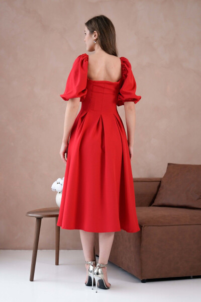 Atlas Kumaş Straplez Yaka Kısa Balon Kollu Midi Boy Kloş Kesim Kırmızı Mezuniyet Elbisesi 167-Kırmızı - 3