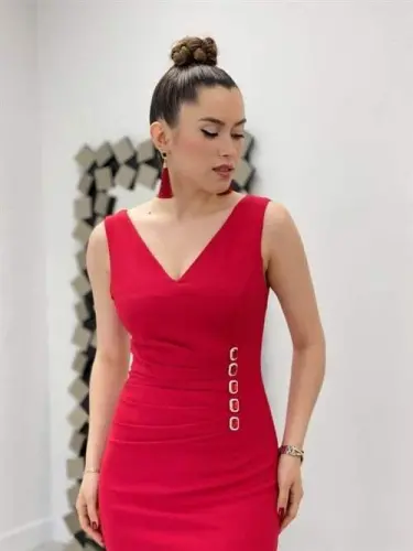 Atlas Kumaş Taş Detalli Qalam Ko'ylak - QIZIL - 3