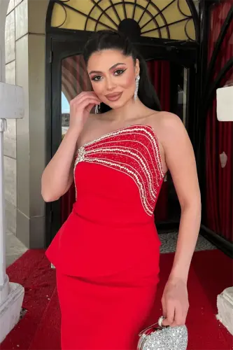 Atlas Kumaş Taş Detaylı Abiye Elbise - KIRMIZI - 3