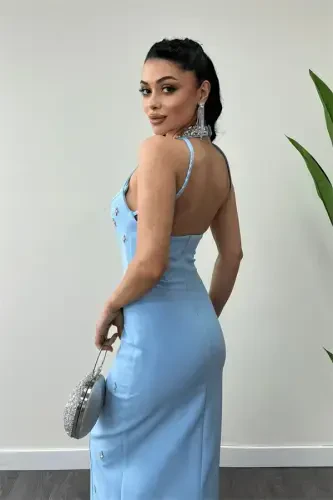 Atlas Kumaş Taş Detaylı Boyundan Bağlama Abiye Elbise - BEBE MAVİSİ - 4