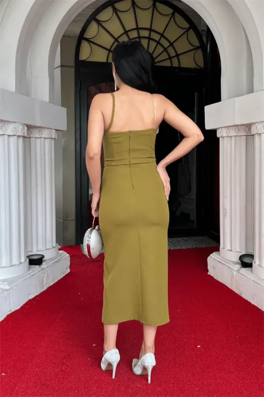 Atlas Kumaş Taş Detaylı Kalem Elbise - HAKİ YEŞİLİ - 5