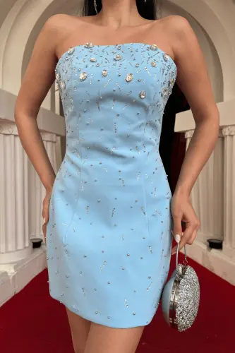 Atlas Kumaş Taş Detaylı Mini Elbise - BEBE MAVİSİ-BEBE MAVİSİ - 4